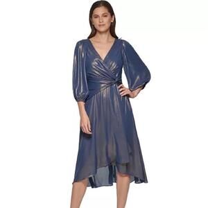 DKNY Iridescent Twisted Balloon-Sleeve evening Sleeve Dress -Denim Gold size 6
